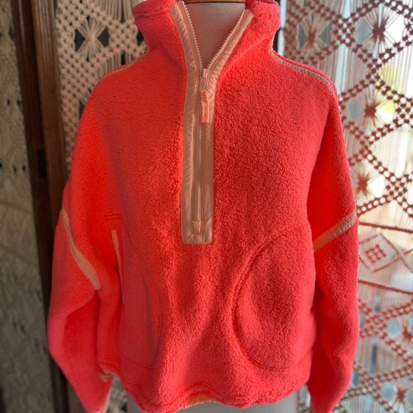 Free People Mountain High Neon Coral Fleece Quarter Zip Pullover NWOT - Picture 1 of 8